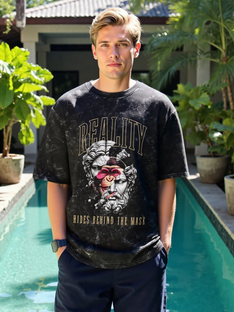 Reality Mask Graphic Acid Wash Oversized T-Shirt - STREETWEAR EDITION